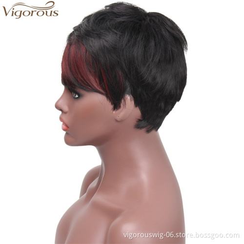 Vigorous Natural Black Short Pixie Cut Wig with Red Bangs Synthetic Short Straight Hair Wig for Women Natural Looking